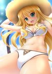 1girl bikini blonde_hair breasts cameltoe female green_eyes hat highres hoshii_miki idolmaster kamishiro_mai_(capti-no) long_hair maichaso navel open_mouth smile solo straw_hat swimsuit white_bikini white_swimsuit