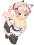 1girl animal_ears bare_shoulders black_legwear blue_eyes breasts cleavage fang female fox_ears fox_tail kabocha_head looking_at_viewer open_mouth original pink_hair ponytail simple_background slit_pupils smile solo tail thighhighs tray waitress white_background