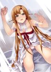 1girl against_glass against_screen asuna_(sao) blush brown_eyes brown_hair cameltoe date_(artist) date_(senpen) dress ear_covers elf female long_hair looking_at_viewer open_mouth panties pantyshot pantyshot_(sitting) pointy_ears sitting solo sword_art_online titania_(sao) underwear wariza white_dress white_panties