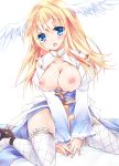  1girl archbishop between_legs blonde_hair blue_eyes breasts breasts_outside cross cum cum_on_body cum_on_breasts cum_on_lower_body cum_on_upper_body female fishnet_legwear fishnets head_wings long_hair nipples open_mouth ragnarok_online sitting solo sorai_shin'ya soraishinya thighhighs wariza white_wings wings 