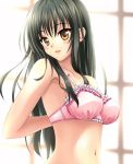  1girl black_hair bra female kotegawa_yui lingerie long_hair open_mouth pink_bra ribbon solo tamanegi_(genpi) tibbon to_love-ru underwear undressing yellow_eyes 