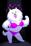 annoying_dog_(undertale) bikini bikini_bottom bikini_top black_background canid canine dark_background dog flexing hand_on_hip heart paws pink_bikini pink_bikini_bottom pink_bikini_top toby_fox tongue tongue_out undertale undertale_(series) white_fur zebrafeets-art_(artist)