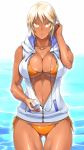 1girl 23_(real_xxiii) big_breasts bikini blonde_hair breasts cleavage dark-skinned_female dark-skinned_girl_(23) dark_skin female female_only highres huge_breasts jacket micro_bikini navel open_clothes open_jacket original real_xxiii sela_(23) shiny shiny_skin short_hair side-tie_bikini solo_female string_bikini swimsuit swimsuit_under_clothes tan thigh_gap thighs water wet yellow_eyes