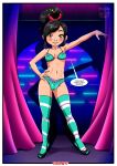 1girl bbmbbf black_hair brown_eyes comic female nightclub palcomix ponytail solo striped_bikini striped_legwear striped_panties sugar_rush_lust toon.wtf vanellope_von_schweetz wreck-it_ralph