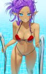 1girl alluring big_breasts bikini bikini_bottom bikini_top blue_eyes bottomwear breasts cleavage female_only pointy_ears purple_hair revenantart shantae shantae_(character) shell shell_bikini smile solo_female swimming_pool swimwear thighs topwear water wet wet_body