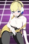  1girl bad_id blonde_hair blue_eyes blush breasts choker creatures_(company) cum cum_in_mouth cum_on_body cum_on_breasts cum_on_tongue cum_on_upper_body elesa_(pokemon) female game_freak gym_leader headphones high_heels humans_of_pokemon kamitsure_(pokemon) neon_lights nintendo nipples pantyhose pokemon pokemon_(anime) pokemon_(game) pokemon_black_2_&amp;_white_2 pokemon_black_and_white pokemon_bw pokemon_bw2 porkyman purple_eyes shoes short_hair solo tongue toru_k 