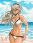 1girl 1girl 2018 alluring beach bikini breasts cleavage cloud cloudy_sky corrin_(fire_emblem) corrin_(fire_emblem)_(female) fire_emblem fire_emblem_fates grey_hair hairband hands_on_own_hips high_res long_hair medium_breasts nintendo ocean pointy_ears ravern_clouk red_eyes sand sky swimsuit traditional_media wavy_hair white_bikini