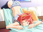 1girl ass bed bed_sheet breast_press breasts closed_eyes female game_cg grasping_sheets hair hairband marihara_chiho messy_hair niji_no_kanata_ni panties pink_hair reference_work sheets short_hair shorts_pull sleeping solo striped striped_panties top-down_bottom-up underwear