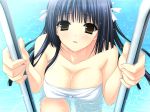  1girl black_hair bow breasts brown_eyes cleavage female game_cg hair_bow himenomiya_kaguya large_breasts long_hair pool ribbon solo stellar_theater suzuhira_hiro swimsuit wet 