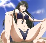  1girl barefoot bikini black_hair blush breasts brown_eyes cleavage cloud feet female infinite_stratos light_rays long_hair long_legs navel open_mouth orimura_chifuyu ribonzu sky soles solo spread_legs sunbeam sunglasses sunlight swimsuit toes 