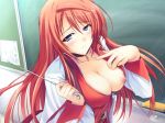 1girl alice_soft blue_eyes blush breast_slip breasts chalkboard classroom_eraser cleavage double_teacher_life female game_cg long_hair nipple_slip nipples no_bra one_breast_out red_hair school_nurse solo teacher tomiya_natsuki tomose_shunsaku