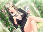 1girl asuhara_misa breasts cleavage coffee cup door female flower game_cg garden grey_hair highres large_breasts legs legs_crossed long_hair looking_at_viewer motto_nee_chanto_shiyou_yo! serious sitting smoke solo steam sumeragi_kohaku thighs