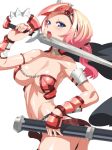  1girl arm_guards armlet armor ass bare_shoulders belt bikini_armor blue_eyes breasts cape cleavage collarbone female headgear junketsu_duelion large_breasts looking_at_viewer nail_polish navel official_art original pink_hair sheath simple_background solo sword takoyaki_neko-san tongue viviana_iniesta weapon white_background 