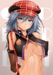  1girl alisa_ilinichina_amiella aqua_eyes bad_id bare_shoulders blue_eyes blush breasts copyright_name elbow_gloves female gloves god_eater god_eater_burst hat highres large_breasts looking_at_viewer oni-noboru short_hair silver_hair solo title_drop underboob 