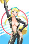  1girl blonde_hair blue_eyes blush bodysuit breasts center_opening cleavage cosplay female hand_on_hip heroman hips kasuga_(cosplay) lina_davis pom_poms sengoku_basara solo ueyama_michirou 