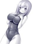 1girl blush breast_suppress breasts female large_breasts navel one-piece_swimsuit original school_swimsuit short_hair simple_background solo swimsuit tsukumiya_amane white_background