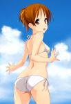 1girl :d ass bikini blush brown_eyes brown_hair cloud erect_nipples female from_behind hair_ribbon highres hirasawa_ui k-on! looking_back norizou_type-r open_mouth ribbon short_hair side-tie_bikini sky smile solo swimsuit white_bikini white_swimsuit