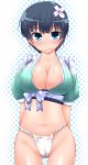 1girl black_hair blush breasts cameltoe cleavage female flower fundoshi green_eyes hair_flower hair_ornament highres large_breasts midriff navel senran_kagura senran_kagura_(series) senran_kagura_shinovi_versus shiny shiny_skin short_hair solo thigh_gap yamakasa yoshi_tama yozakura_(senran_kagura)