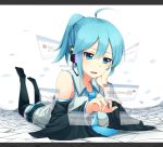 1girl 7zu7 ahoge alternate_hair_length alternate_hairstyle aqua_eyes aqua_hair computer detached_sleeves female hatsune_miku headset letterboxed lying miku_hatsune on_stomach ponytail vocaloid