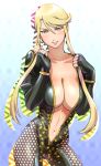 1girl bare_hips blonde_hair breasts center_opening cleavage female fingerless_gloves fishnets gloves kasuga large_breasts long_hair navel ninja sengoku_basara shadow smile solo ueyama_michirou yellow_eyes