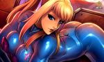 1girl ass big_breasts blonde_hair blue_eyes breast_press breasts female hair jigglygirls long_hair metroid nintendo ponytail reiq samus_aran solo zero_suit