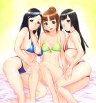 3girls bandaid bikini black_hair blue_eyes blush bow breasts brown_hair cleavage eyepatch female flat_chest glasses hair_ornament hairclip large_breasts multiple_girls navel original ponytail red_eyes smile striped striped_bikini striped_swimsuit swimsuit ueyama_michirou