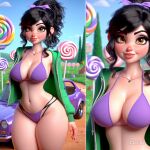 ai_generated big_breasts big_hips bikini black_hair brown_eyes car dall-e3 disney jacket long_hair looking_at_viewer necklace open_clothes open_jacket ponytail revealing_clothes thick_thighs vanellope_von_schweetz wreck-it_ralph