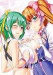 2girls ;p aquarion_(series) aquarion_evol back bare_shoulders blush breast_press breasts cum cum_on_body cum_on_breasts cum_on_glasses cum_on_hair cum_on_upper_body facial female glasses green_hair huge_breasts kawase_seiki mix_(aquarion) multiple_girls one_eye_closed orange_hair purple_eyes short_hair sweat symmetrical_docking tongue tongue_out wink zessica_wong