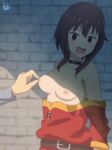  1boy 1girl bare_shoulders belt blush breasts brown_hair choker dress high_resolution keihh kono_subarashii_sekai_ni_shukufuku_wo! male megumin nipple_tweak nipples no_bra open_mouth out_of_frame red_eyes satou_kazuma shade solo_focus sunlight upper_body very_high_resolution 