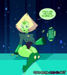 1girl big_thighs blonde_hair breasts clothed_female computer_screen dialogue female_focus female_only gem gem_(species) green_body green_outfit green_skin green_socks hologram looking_at_viewer peridot_(steven_universe) robotic_arms samson_00 shiny_skin shortstack shoulder_pads sitting sitting_on_bench solo_female solo_focus steven_universe talking_to_viewer thick_thighs yellow-tinted_eyewear yellow_hair