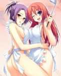 2girls absurd_res absurdres apron arm arms art ass asymmetrical_docking bare_legs bare_shoulders big_breasts blue_eyes blush breast_press breasts brown_eyes embarrassed female game_cg glasses hair hair_between_eyes hair_ornament hair_up hairclip happy highres holding hug hugging ladle large_breasts legs long_hair looking_at_viewer looking_back multiple_girls naked_apron nude nude_cover open_mouth purple_hair red_hair ribbon short_hair shy sideboob skin_tight smile standing tomose_shunsaku torso_grab wink yuri zoom_layer