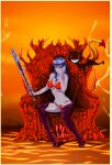  1girl blue_hair bra demon demon_girl devil_girl fap_titans female_only nutaku panties purple_skin red_bra red_panties throne 