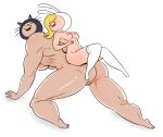 2_girls adventure_time ass blonde_hair breasts fake_animal_ears fionna_the_human grin hood muscular_female nipples pussy simple_background stockings susan_strong