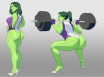  1girl ass barbell big_ass big_breasts female_only fingerless_gloves green_eyes green_hair green_skin high_heels jennifer_walters legs leotard lifting_weights looking_at_viewer marvel ponytail she-hulk simple_background smile strong weightlifting whargleblargle wootbloot workout 