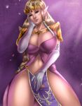  1girl alluring armor big_breasts blonde_hair cleavage collarbone dress earrings elbow_gloves eyeliner flowerxl gloves jewelry lips lipstick makeup navel nintendo pelvic_curtain pointy_ears princess_zelda purple_dress purple_lips shoulder_armor the_legend_of_zelda the_legend_of_zelda:_twilight_princess thighs tiara 