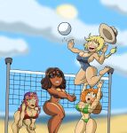 1girl 4girls alex_(minecraft) ball beach bikini bikini_bottom bikini_top blonde_hair blue_eyes female_only green_eyes hat jumping minecraft ocean one-piece_swimsuit orange_hair ponytail redhead sweat sweatdrop two-piece_swimsuit volleyball water yellow_eyes