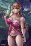 1girl 1girl absurd_res alluring babydoll big_breasts big_breasts brown_hair cleavage crown dress female_focus flowerxl high_res jewelry lingerie long_hair looking_at_viewer nintendo panties princess_zelda purple_dress stockings the_legend_of_zelda the_legend_of_zelda:_twilight_princess underwear video_game_character