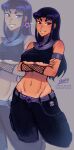  1girl black_hair blackfire crop_top crossed_arms dc_comics ear_piercing iahfy pants purple_eyes smile straight_hair teen_titans under_boob 