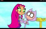  1boy1girl 1girl armour cat cosplay cum green_eyes grin masturbation maxcat_(artist) orange_skin pink_fur pink_hair robin screenshot_edit smile starfire teen_titans teen_titans_go zoophilia 