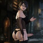  1futa 3d bayonetta bayonetta_(character) corset earrings futa_only futanari glasses lingerie nordfantasy short_hair solo_futa stockings thong 