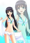  1girl bangs bare_shoulders bikini bikini_shorts bikini_top black_hair blue_eyes blush breasts cleavage female_only flower front-tie_top gradient gradient_background hair_flower hair_ornament highres kenken long_hair looking_at_viewer medium_breasts navel open_mouth open_towel saten_ruiko short_shorts shorts smile solo_female standing swimsuit to_aru_kagaku_no_railgun to_aru_majutsu_no_index towel white_shorts zoom_layer 