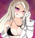  1girl :p bikini_top blonde_hair breasts cleavage doctor earrings fang female glasses jewelry kotatsu_(artist) long_hair naughty_face original original_character purple_eyes smile solo source_request stethoscope tongue tongue_out 