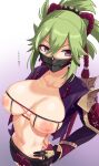  1girl 1girl 1girl areola bangs big_breasts black_gloves bra breastless_clothing breasts clavicle cleavage clothing cupless_bra gachou genshin_impact gloves gradient gradient_background green_hair high_resolution kuki_shinobu long_hair long_sleeves looking_at_viewer mask mouth_mask navel nipples open_clothes purple_background purple_eyes simple_background viewed_from_above 