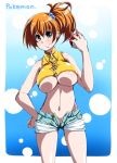 1girl bad_id bare_shoulders blue_background blue_eyes blush breasts cleavage cloud copyright_name crop_top curvy dengeki!_pikachu denim denim_shorts erect_nipples female female_only green_eyes gym_leader hair_bobbles hair_ornament hand_on_hip hands hips holding holding_poke_ball huge_breasts kasumi_(pokemon) large_breasts legs lens_flare midriff navel nintendo no_panties open_fly orange_hair photoshop poke_ball pokemon pokemon_(anime) ponytail prange_hair satsuki_imonet shirt short_shorts shorts side_ponytail simple_background smile solo suspenders teasing tight title_drop tomboy unbuttoned underboob unzipped white_border wide_hips