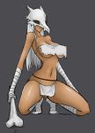  1girl bandage bone breasts cubone curvy dark_skin emukon humanized large_breasts long_hair marowak mask pokemon silver_hair skull solo tribal underboob 