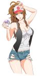 1girl adult antenna_hair arm_up armpits bare_shoulders baseball_cap blue_eyes breasts brown_hair cleavage creatures_(company) cutoffs denim denim_shorts female_protagonist_(pokemon_bw2) game_freak hat highres hilda_(pokemon) humans_of_pokemon jean_shorts light-skinned_female long_hair master_ball nintendo older open_fly poke_ball pokemon pokemon_(anime) pokemon_(game) pokemon_black_2_&_white_2 pokemon_black_and_white pokemon_bw pokemon_bw2 short_shorts shorts simple_background skindentation solo takase_(harakiri) tank_top tks torn_clothes touko_(pokemon) unbuttoned unzipped white_(pokemon) white_background