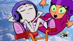 2_girls bike green_eyes grey_skin helmet nude_female orange_skin pink_hair pointing purple_hair raven_(dc) relaxing ride smile starfire surprised_expression teen_titans teen_titans_go