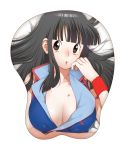 1girl :o bangs bed black_eyes black_hair blunt_bangs blush breast_mousepad breasts brown_eyes chichi cleavage dragon_ball female hair_down hickey highres hime_cut large_breasts looking_at_viewer lying mousepad on_back on_bed solo sweatband younger yukimitsuki