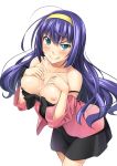 1girl :q ahoge blush breasts cum cum_in_mouth cum_on_body cum_on_breasts cum_on_upper_body dress_pull female green_eyes hairband highres long_hair naughty_face nipples original purple_hair solo strap_slip tenkuu_nozora tongue tongue_out