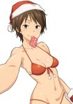  1girl bikini brown_hair card christmas female female_only gloves green_eyes hat hyouka kouchi_ayako merry_christmas mouth_hold santa_costume santa_hat short_hair solo_female swimsuit tenchisouha 